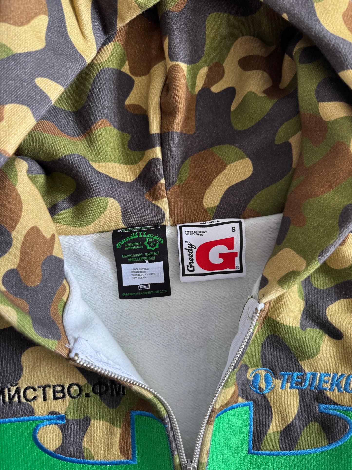 Murd333r fm x Greedy Unit Multi Tag Zip Up Camo